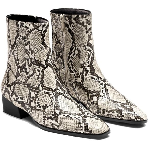 ⚡Women's Snake Print Booties Low Heel Ankle Boots Square Pointed Toe Chunky Heel - Picture 1 of 5